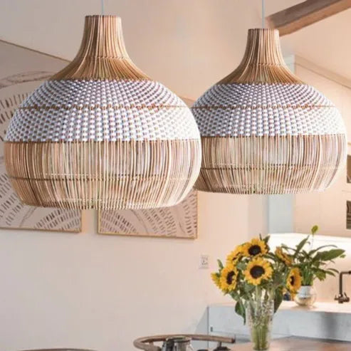Weißes rattan pendelleuchte gewebter rattan lampenschirm