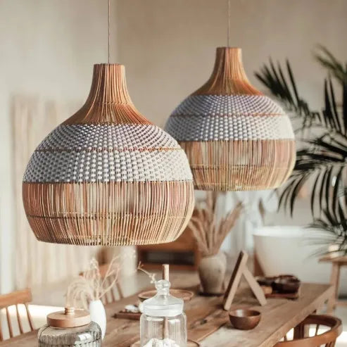 Weißes rattan pendelleuchte gewebter rattan lampenschirm