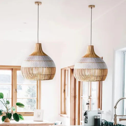 Weißes rattan pendelleuchte gewebter rattan lampenschirm