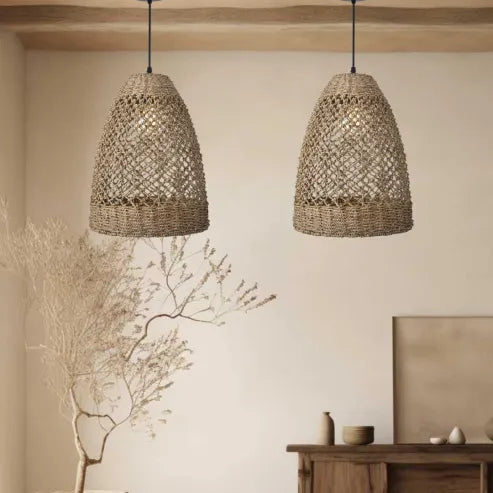 Farmhouse coastal boho hängelampe mit handgeflochtenem rattan gewebte pendelleuchte