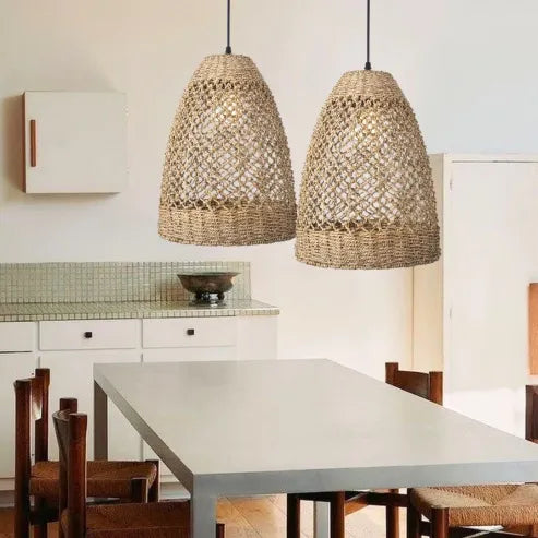 Farmhouse coastal boho hängelampe mit handgeflochtenem rattan gewebte pendelleuchte