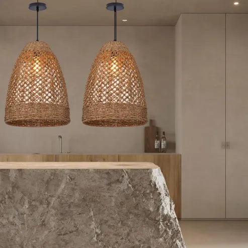 Farmhouse coastal boho hängelampe mit handgeflochtenem rattan gewebte pendelleuchte