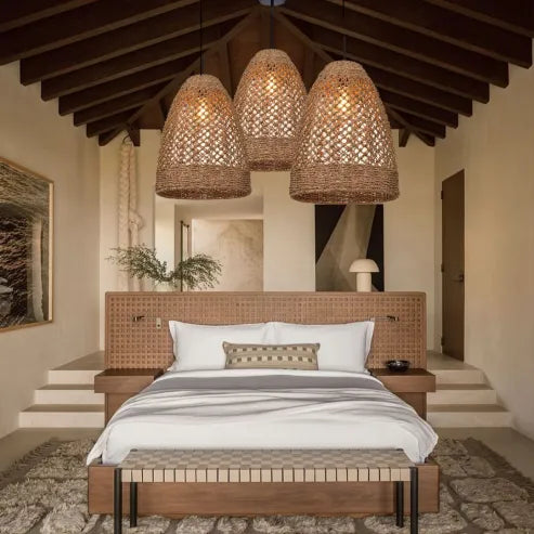 Farmhouse coastal boho hängelampe mit handgeflochtenem rattan gewebte pendelleuchte