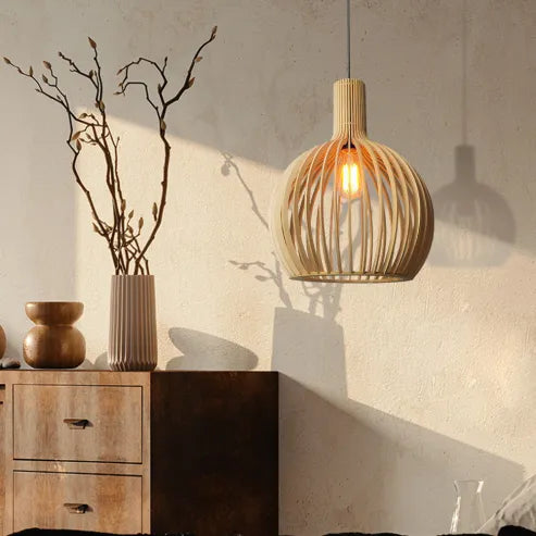 Nordische holz-vogelkäfiglampe, japanische kreative holz-anhänger-leuchte
