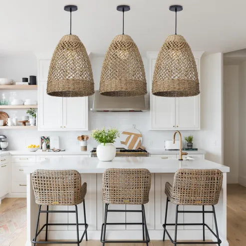 Farmhouse coastal boho hängelampe mit handgeflochtenem rattan gewebte pendelleuchte
