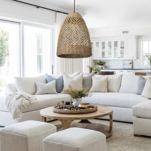 Farmhouse coastal boho hängelampe mit handgeflochtenem rattan gewebte pendelleuchte