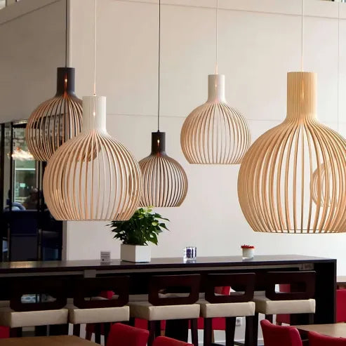 Nordische holz-vogelkäfiglampe, japanische kreative holz-anhänger-leuchte