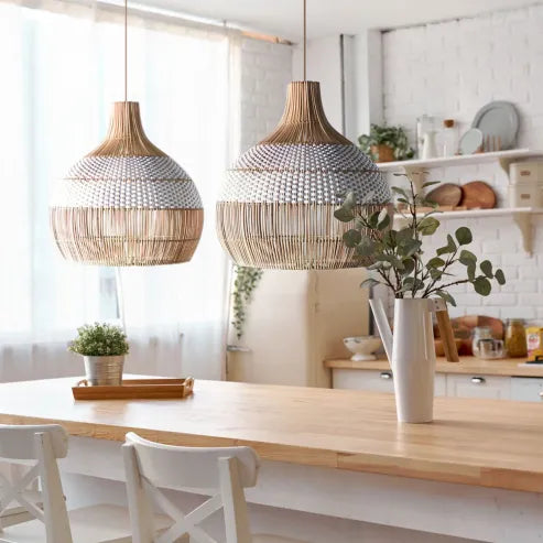 Weißes rattan pendelleuchte gewebter rattan lampenschirm