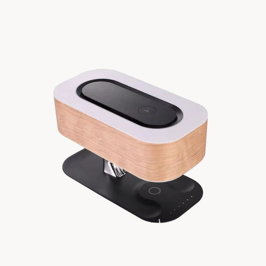 Moderne tischleuchte mit kirschholzschirm, einstellbare helligkeit, kabelloses aufladen, LED, touch control